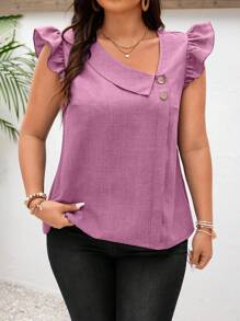 SHEIN Frenchy Camisa de efecto textura vaquero con cuello asimétrico y sin mangas, informal, talla grande, verano - Rosa vieja - Ver 3