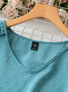 SHEIN LUNE Plus Size Women's Summer Solid Color V-Neck Frill Trim Short Cap Sleeve Elegant Blouse - Mint Blue - View 5