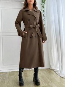 SHEIN EZwear 女士时尚双排扣系带长款风衣，秋季 - 摩卡棕 - 查看 5