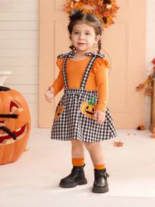 SHEIN Baby Mädchen Kürbis Karomuster Träger Kleid Outfit, geeignet für Halloween Party