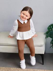 SHEIN 2pcs Baby Girls Casual Cute Knitted 2 In 1 Spliced Collar Long Sleeve Top & Elastic Waist Pants Set