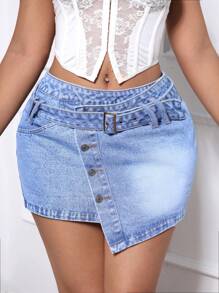 SHEIN SXY 女士不对称下摆结饰前纽扣装饰休闲牛仔 A 字裙 - 藍色 - 查看 1