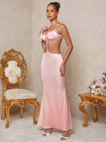 SHEIN Unity 3D花朵胸围细节镂空细肩带长连衣裙 - 粉色 - 查看 4