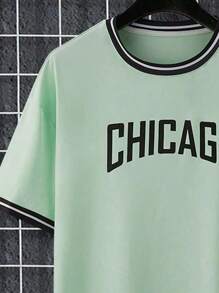 Manfinity Homme Men's Plus Size Summer Letter Printed Round Neck Casual Short Sleeve T-Shirt And Drawstring Waist Shorts Set - Green - View 4