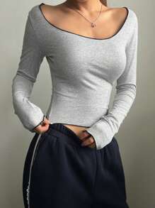 DAZY 极简性感露肩长袖 T 恤、秋装、返校服 - 灰色 - 查看 7