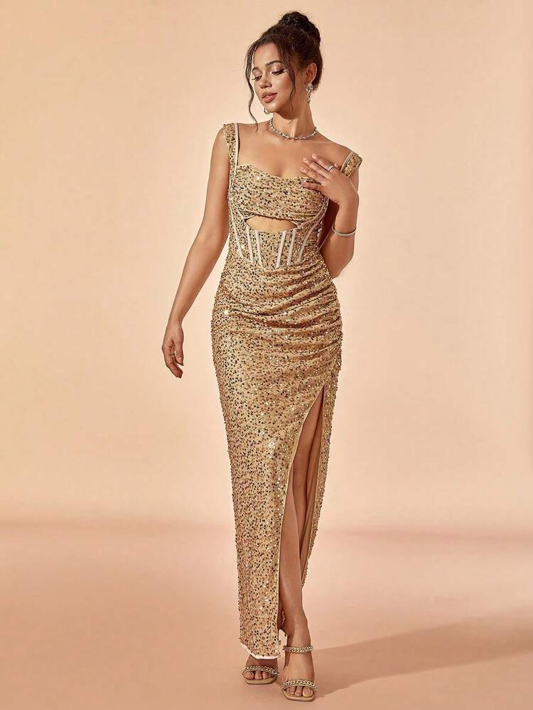 Cut Out Split Thigh Party Dress Elegant Formal Evening Prom Wedding Guest Gown, For Graduation, Dinner - Gold - View 6