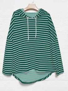 INAWLY 大码连帽抽绳长袖时尚条纹休闲运动衫