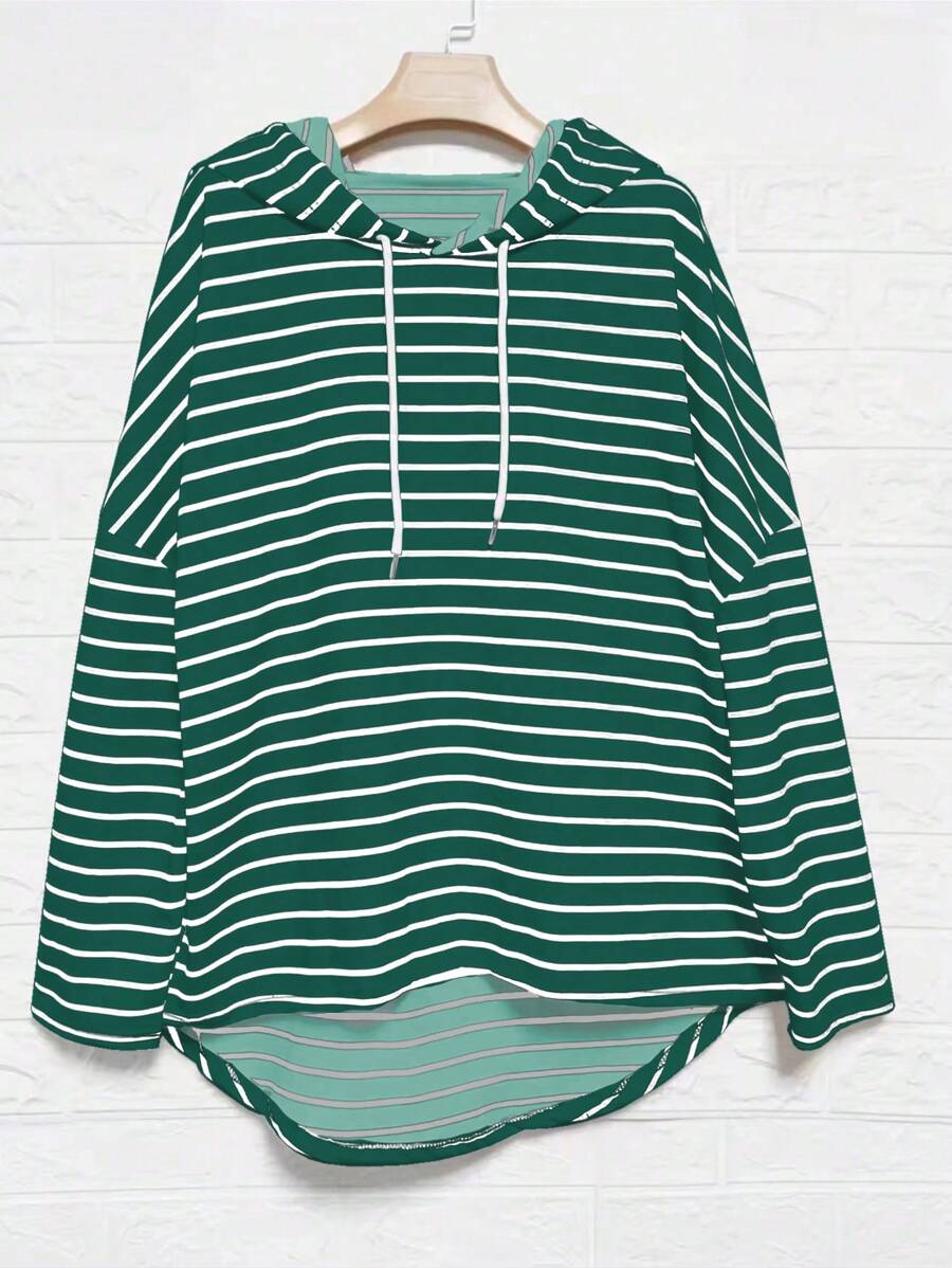 INAWLY 大码连帽抽绳长袖时尚条纹休闲运动衫