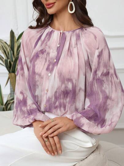 Modelyn Women's Tie-Dye Print Loose Elegant Blouse With Lantern Sleeves, Spring & Summer