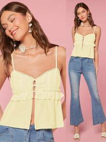 Enchnt Women's Summer Front Tie Split Hem Camisole Cami Top - Yellow - View 9
