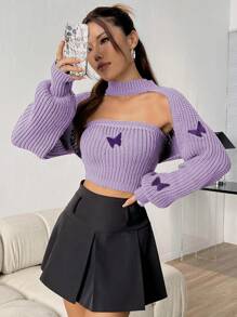 SHEIN Unity Bộ 2 chiếc áo len thêu bướm mùa thu/đông và áo crop top dệt kim - Màu tím hoa cà - Xem 1
