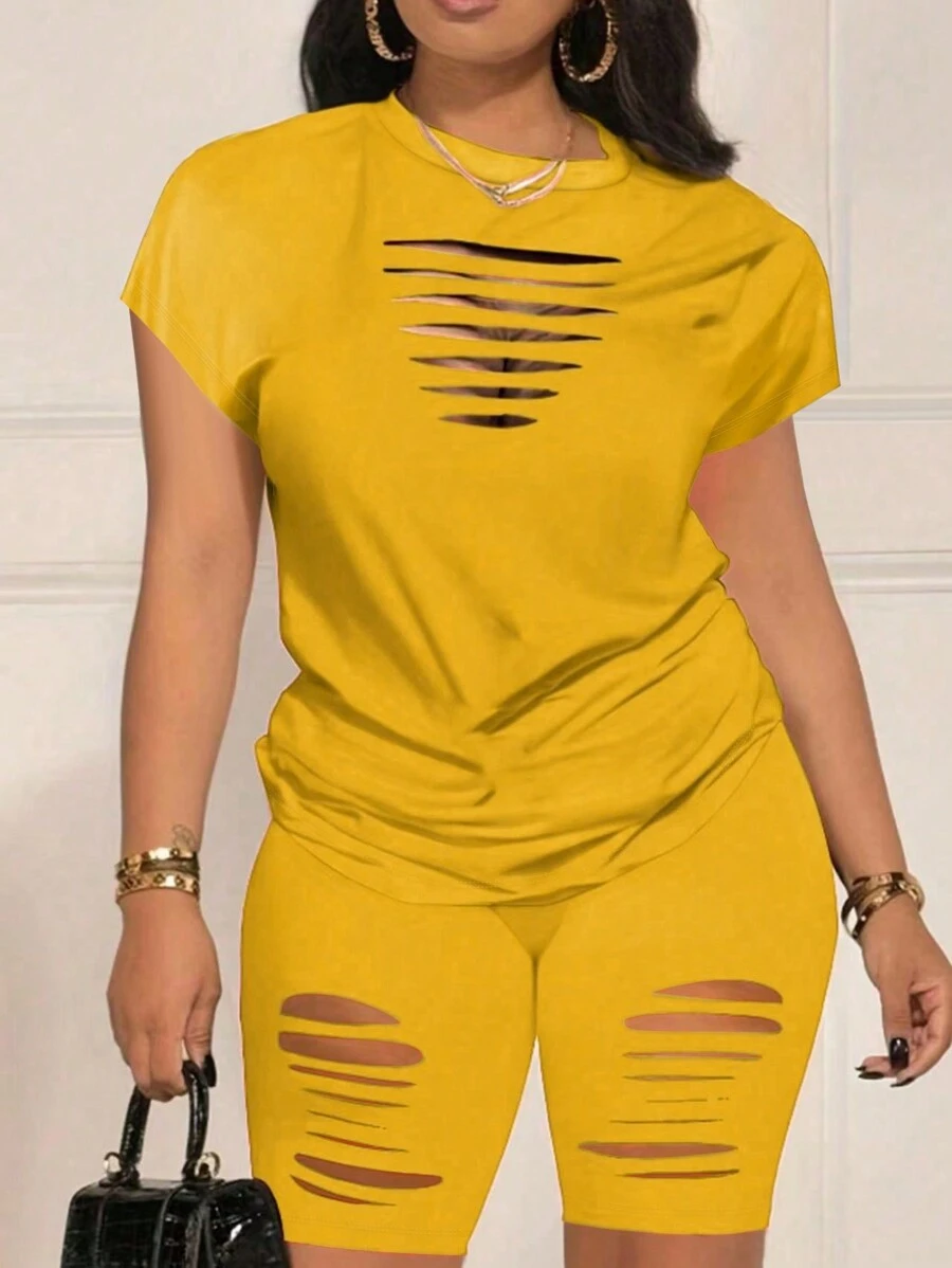 SHEIN Nữ Khoét Hở Màu Trơn Cổ Tròn Tay Ngắn Và Quần Short Áo Gợi Cảm 2 Bộ Cho Mùa Hè - Màu vàng - Xem 1