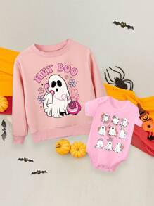 Casual Fashionable Baby Girls Halloween Element Cute Ghost Floral Letter Slogan Print Crew Neck Basic Sweatshirt - Pink - View 3
