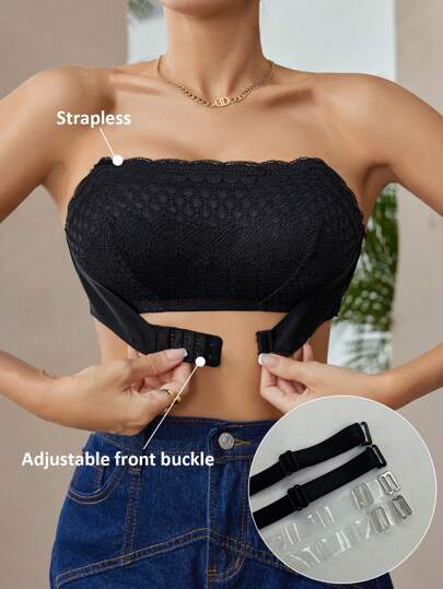 1 Áo Ngực Bandeau Chống Trơn Trượt Cho Nữ, Áo Ống Ren Lãng Mạn Mùa Hè Với Dây Đai Có Thể Tháo Rời