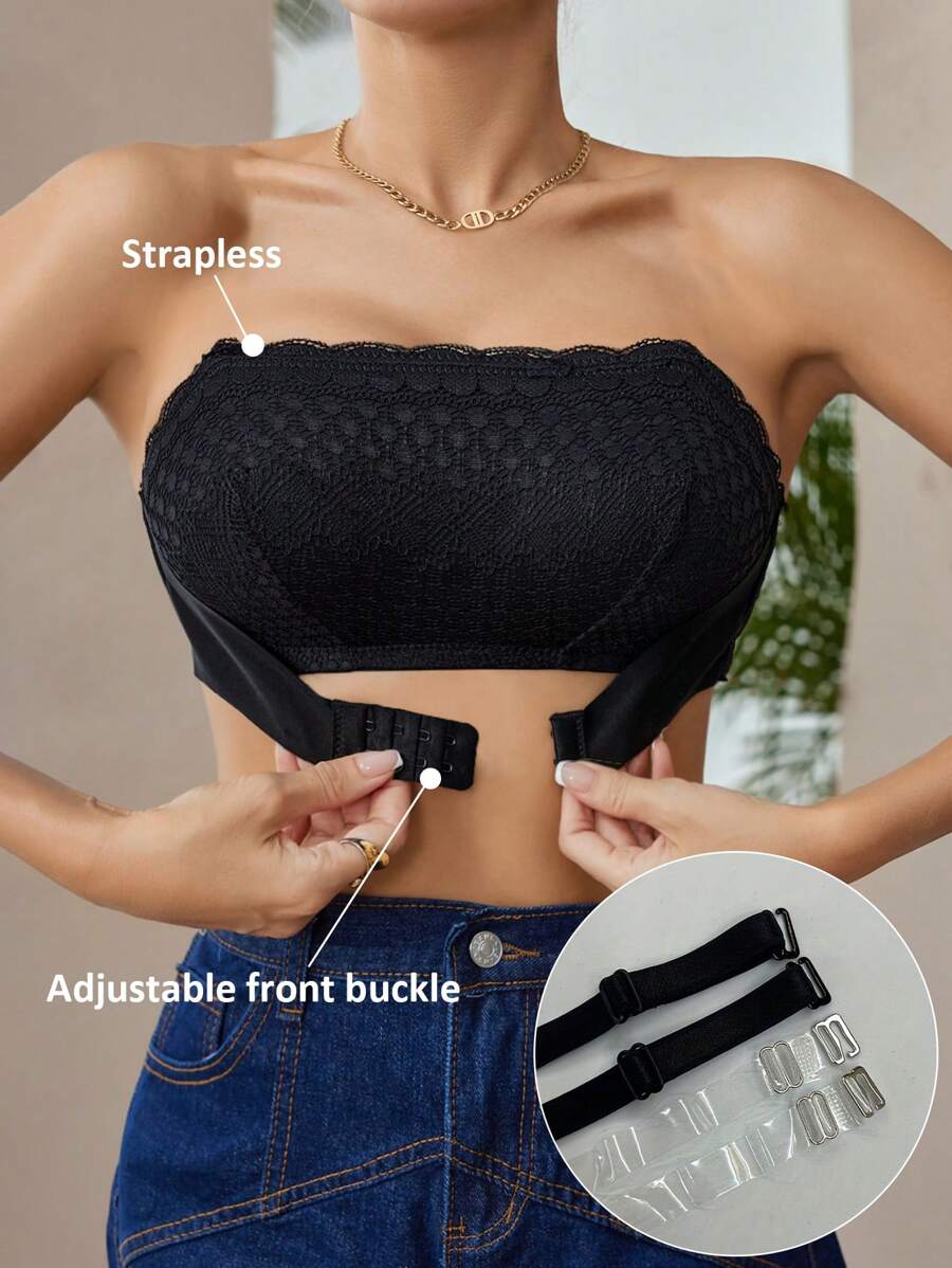 1 Áo Ngực Bandeau Chống Trơn Trượt Cho Nữ, Áo Ống Ren Lãng Mạn Mùa Hè Với Dây Đai Có Thể Tháo Rời - màu đen - Xem 1