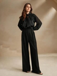 Anewsta 黑色现代都市镂空缎面长袖衬衫