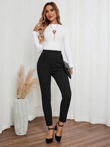 EMERY ROSE Women's Black Striped Pocket Skinny Casual Pants Dress Pants Fall Pants