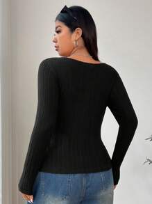 SHEIN EZwear Camiseta de punto de cuello redondo de manga larga, de tela elástica de punto negro, de uso diario y casual, cómoda para yoga, interior y exterior, para mujer de talla grande, para el invierno