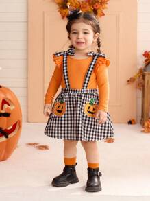 SHEIN Baby Mädchen Kürbis Karomuster Träger Kleid Outfit, geeignet für Halloween Party