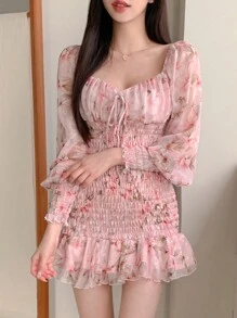 DAZY Women Sweetheart Collar Tie Front Long Sleeve Ruffle Floral Allover Print Short Dress,Milkmaid Dress Sundress,Mini Dress