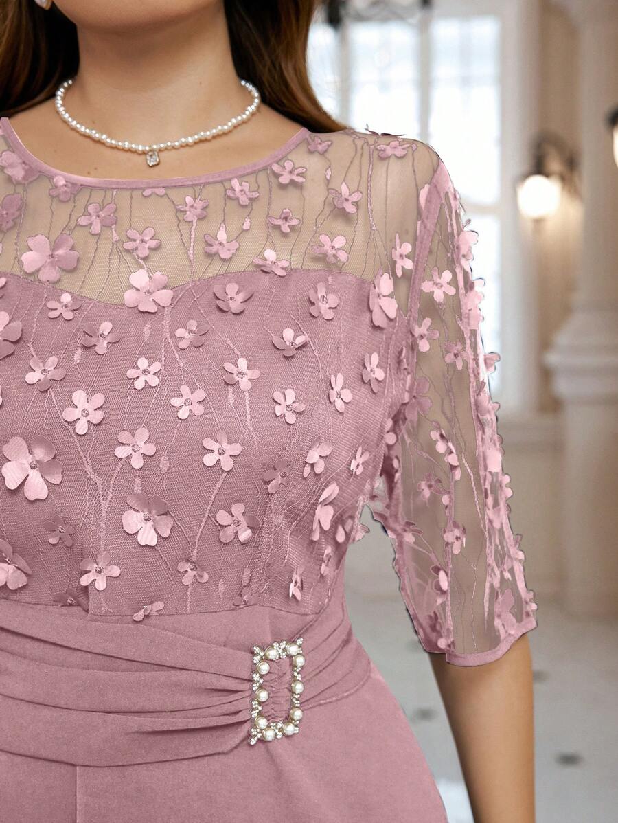 SHEIN Clasi 大码网眼拼接宴会时尚连衣裙 - 粉色 - 查看 1