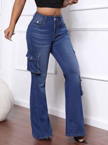 SHEIN SXY Quần jeans ống loe thông thường được giặt bằng nước cho nữ - Màu xanh lam - Xem 5