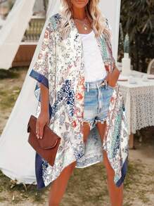 INAWLY Women Floral Print Batwing Sleeve Open Front Loose Long Blouse For Vacation - Multicolor - View 7