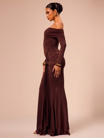 SHEIN X Scheana MUSERA 露肩长袖连衣裙，适合度假、夏季、春季、浪漫婚礼、毕业典礼、舞会、节日、生日、教堂活动、夜间外出、圣诞派对等场合，优雅大方，也适合秋季穿着。