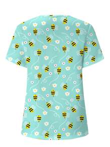 PopScrub Damen V-Ausschnitt Kurzarm Top mit Tasche und Allover-Muster mit Biene & Blumen Motiv, Pflege-Oberteile - Lichtblau - Übersicht 2