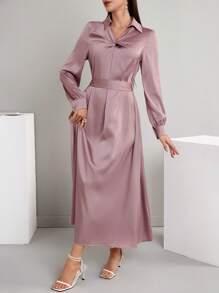 Modelyn 1pc Solid Color Twist Design Elegant Long Sleeve Dress Long Evening Dresses - Pink - View 1