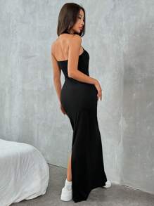 SHEIN EZwear Long Black Knit Halter Dress For Women - Black - View 2