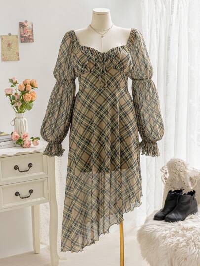 Soleia 大码节日女装初秋灰绿格子印花胸杯褶皱前系带荷叶袖不对称下摆中长连衣裙，秋季女装，感恩节，法式连衣裙，早午餐女装，返校节连衣裙