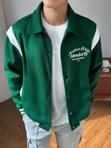 Manfinity Hypemode Men's Button-Up Long Sleeve Color Block Striped Letter Print Street Style Jacket