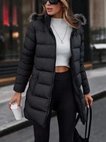 Faux Fur Hoodie Zip Up Pocket Detailed Warm Feel Long Winter Coat - Black - View 3