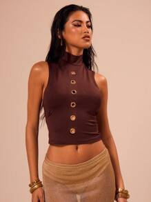 MUSERA 高领金色细节圆环露脐上衣，度假春夏优雅性感假日风情 - 咖啡棕 - 查看 1