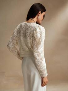 Anewsta 女士休闲泡泡袖外套，饰有花卉蕾丝花边，圆领，白色，适合春季、度假和休闲穿着。 - 杏色 - 查看 8