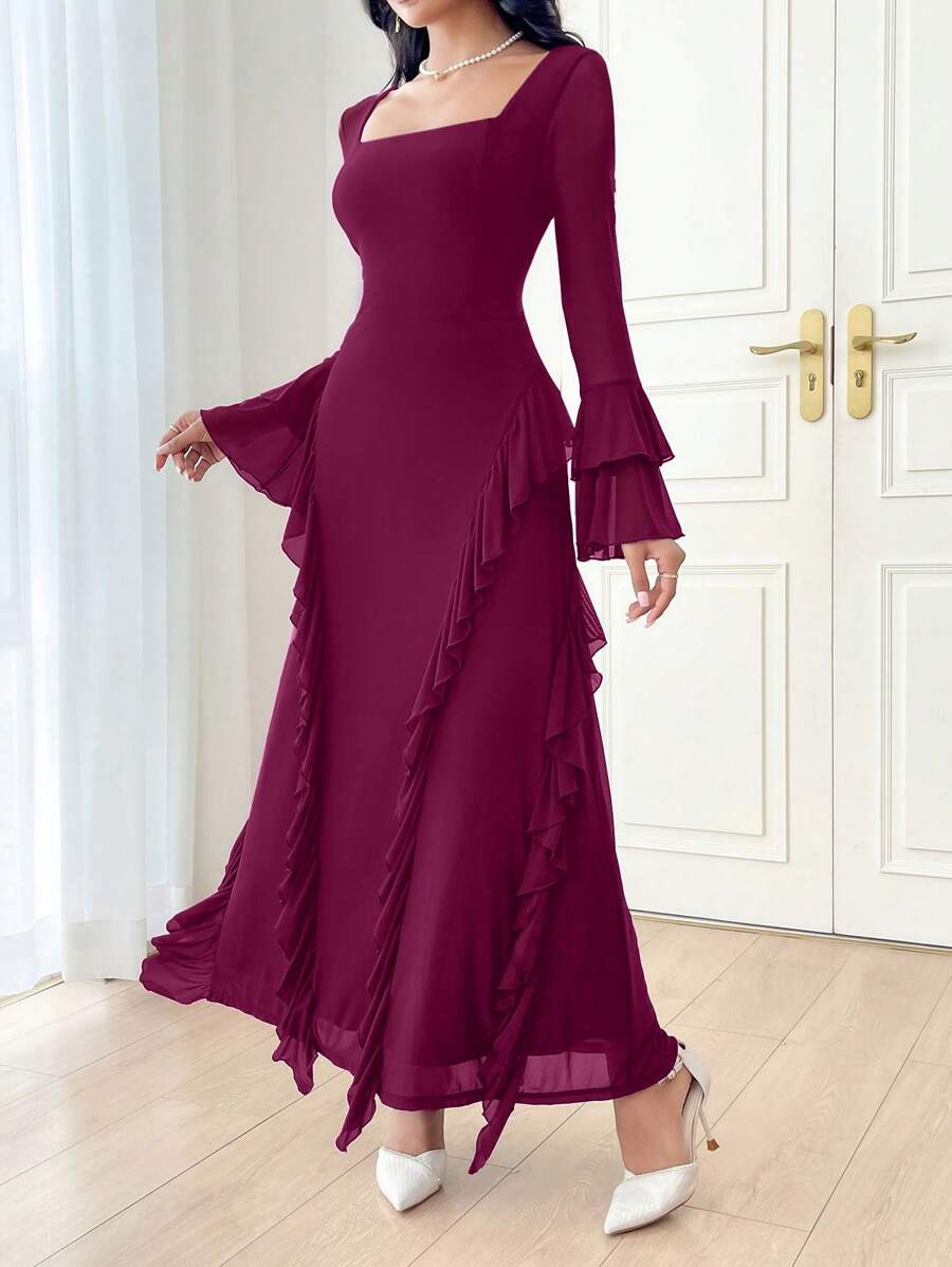 Modelyn Đầm xòe tay loe bèo nhún trơn màu thanh lịch cho nữ, Đầm dạ hội dài mùa xuân thu - Màu đỏ tím - Xem 1