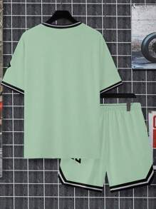 Manfinity Homme Men's Plus Size Summer Letter Printed Round Neck Casual Short Sleeve T-Shirt And Drawstring Waist Shorts Set - Green - View 2