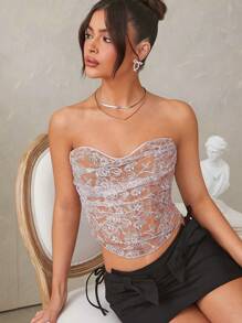 SHEIN Unity Lace Layer Cute Tube Fashion Corset Top - Pink - View 1