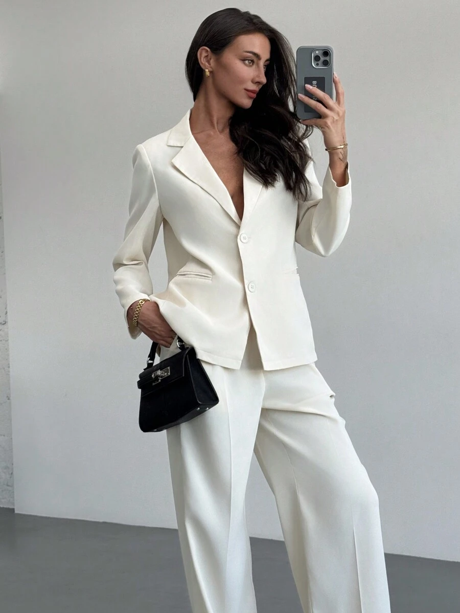 Aloruh Bộ 2 món đồ vest đi làm màu đơn giản màu mơ trơn mới - Màu be - Xem 1