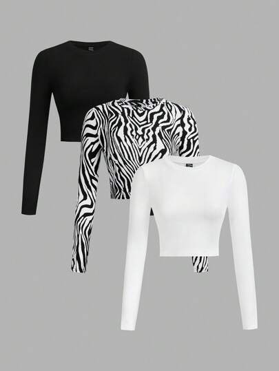 SHEIN EZwear Áo thun bó cổ tròn dài tay in họa tiết da báo và ngựa vằn 3 món/bộ, phong cách cơ bản dành cho nữ, phù hợp cho mùa thu đông