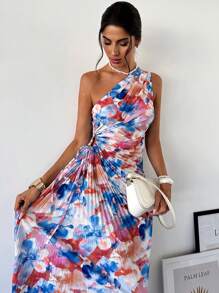 Firerie 夏季女士优雅度假海滩花卉印花单肩褶皱镂空抽绳中长连衣裙