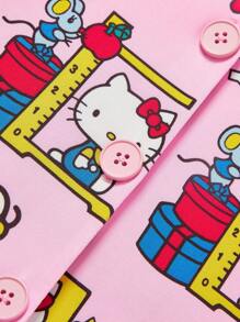 HELLO KITTY AND FRIENDS | SHEIN 少女卡通印花翻领短袖衬衫和长裤舒适睡衣套装 - 粉色 - 查看 14