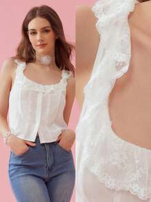 Enchnt 女性夏季優雅純色蕾絲飾前開鈕扣背心上衣