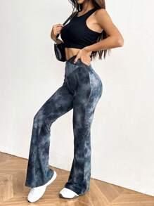 SHEIN EZwear 夏季大码扎染弹力舒适紧身喇叭裤 - 黑色 - 查看 5