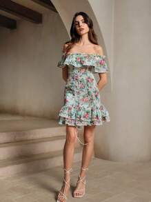 Anewsta Gaun Bermotif Ruffle dengan Hem Ruffle - MultiWarna - View 3