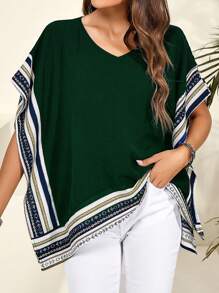 Women's Summer Spliced ​​Web V-Neck Loose Shirt - Dark Green - View 6