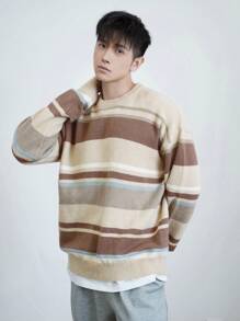 SHEIN TeenBoys 1pc 休闲、舒适、百搭学院风多色条纹拼接提花针织圆领宽松保暖毛衣返校；秋季服装；青少年男孩服装；青少年男孩夹克秋冬