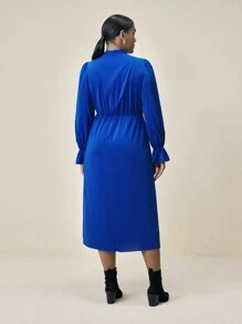 BizChic Plus Size Women's Solid Color Elegant Tie Front Bowknot Midi Dress For Spring And Summer - Blue - View 2