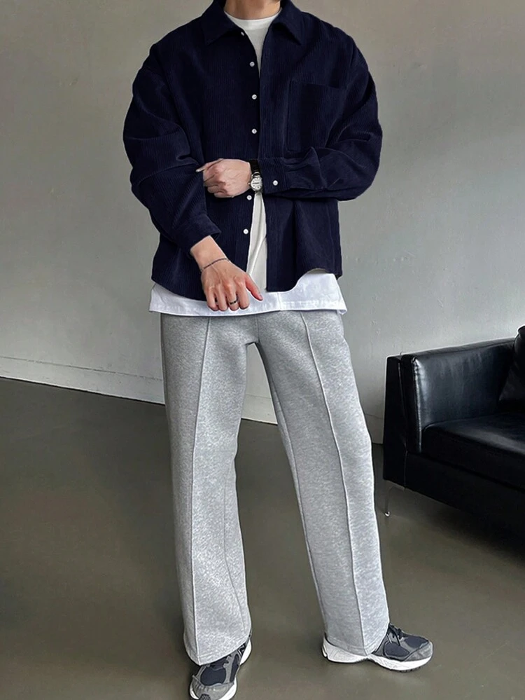 Men's Casual Solid Color Corduroy Shirt, Spring Autumn Long Sleeve Men Shirt